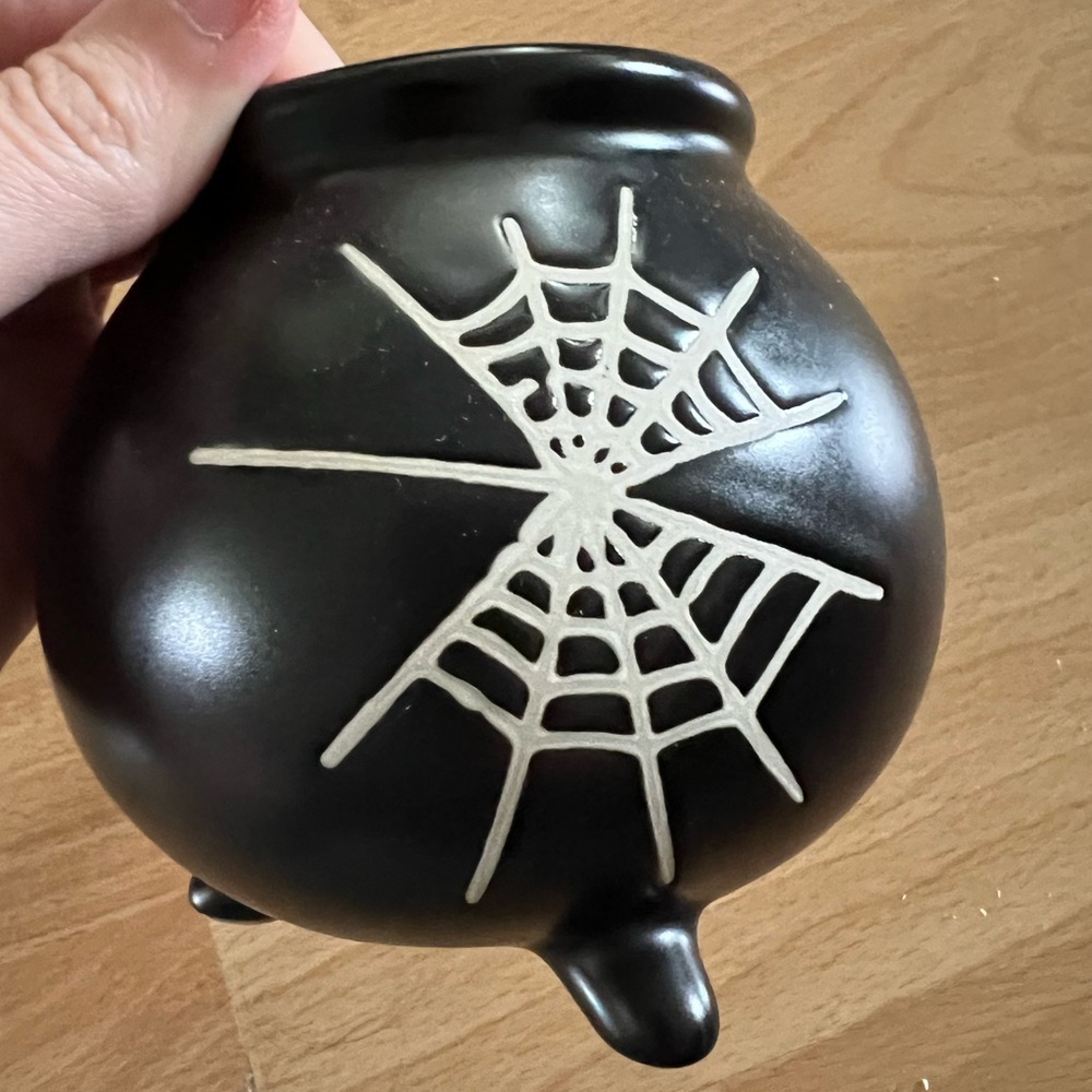 Black Cauldron Mug with White Spider Web Design
